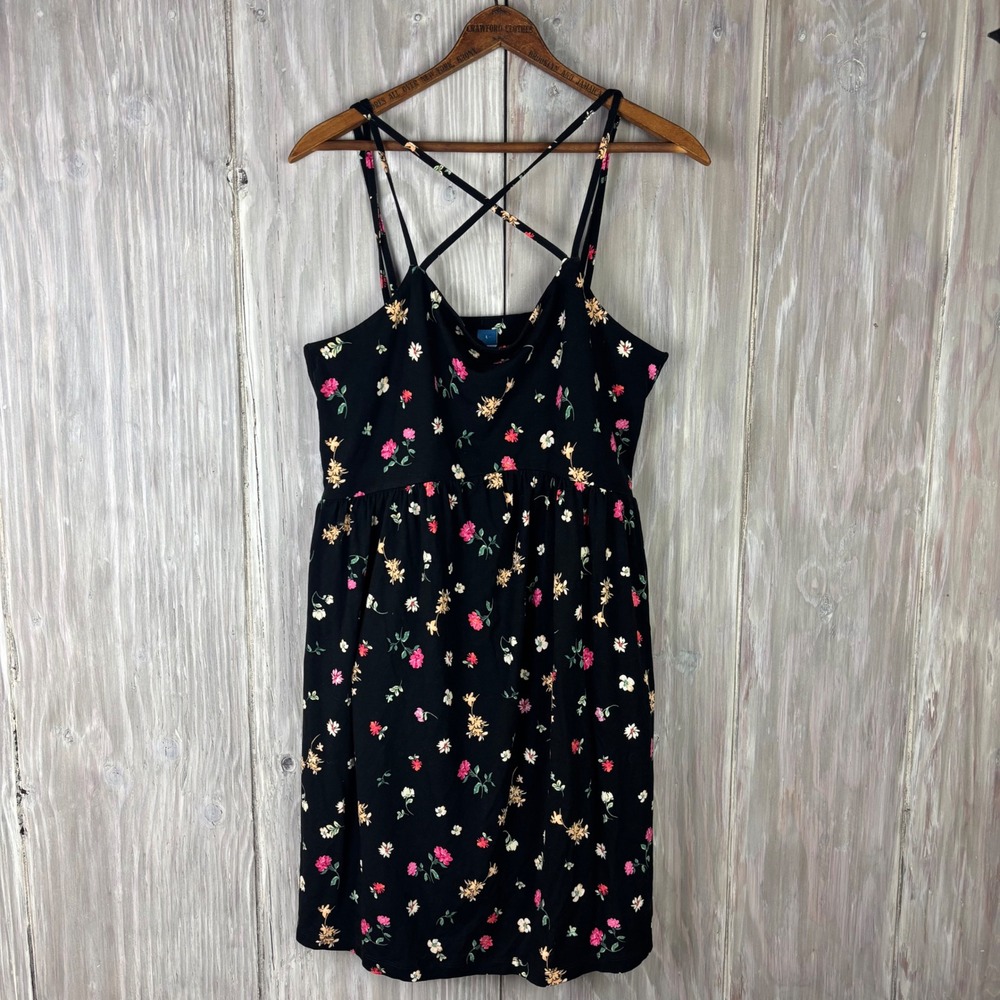 Old Navy Floral Sundress Womens‎ L Black Strappy Empire Waist Jersey Apron Neck